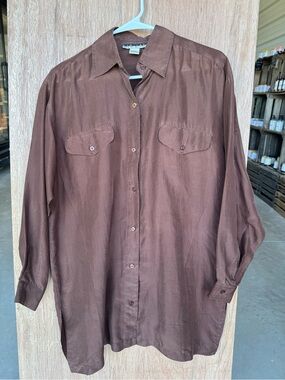 Vintage 100% Silk Women’s Brown Button-Down Long Sleeve Shirt